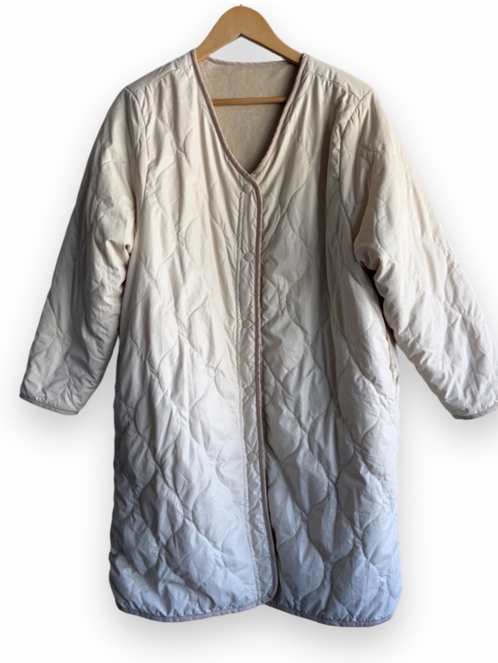Quilted *Reversible* Fleece Long Button Puffer Coat | Cream Tan Trim | Size L/XL